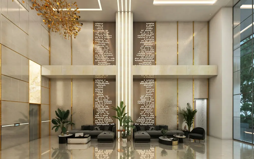 Moderne Hotellobby mit Sitzgruppen und warmem Licht
